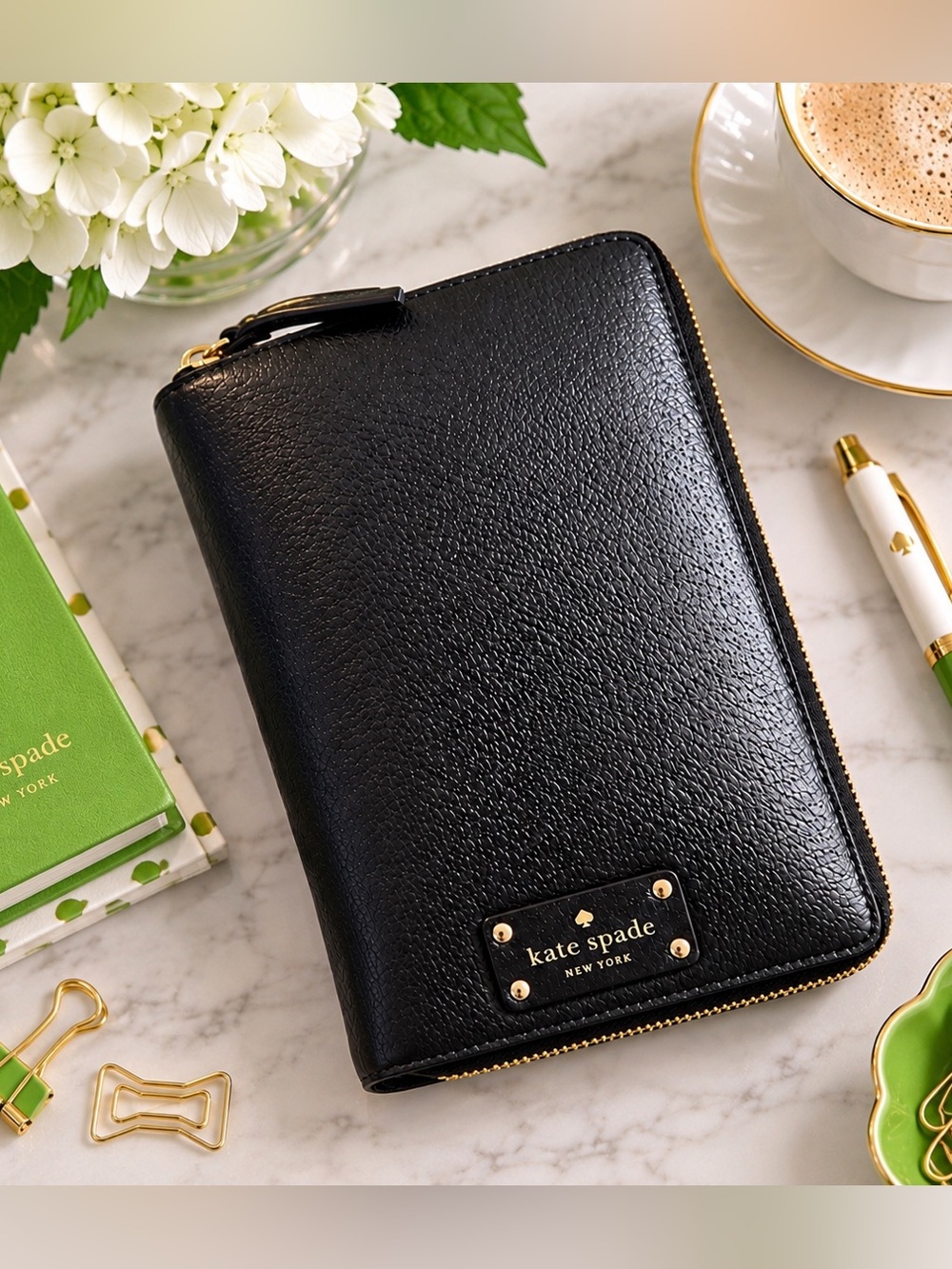 Kate Spade Wellesley Leather Zip Around Personal Ring Planner Organizer Black
